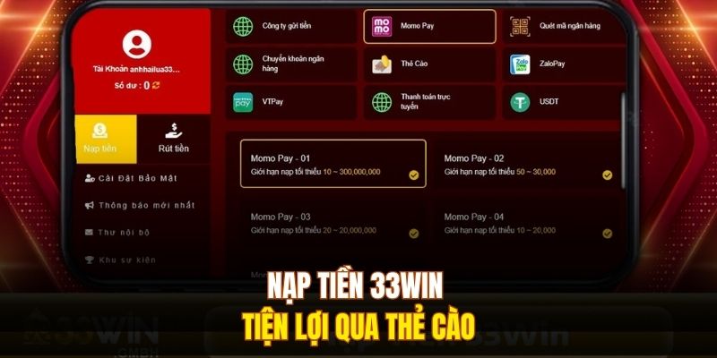 Nạp tiền 333Win tiện lợi qua thẻ cào